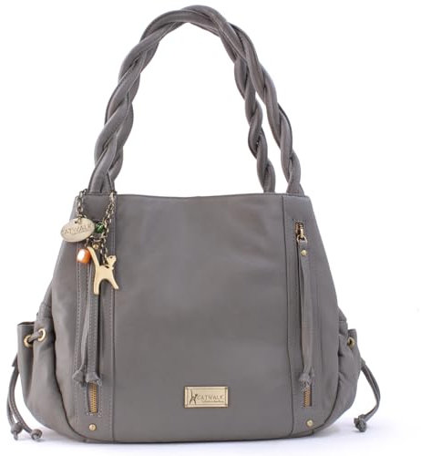 Catwalk Collection Handbags - Damen Leder Schultertasche - Handtasche Groß - Tote Bag mit Viele Fächer - Caz - Grau