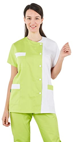 Hurry Jump Label Blouse Tunique médicale Col Rond 3 Poches Manches Courtes Sergé 210 gramme Couleurs Blanc Vert Pressions inoxydables Lavage Machine 90 degrés ou Industriel T00-34