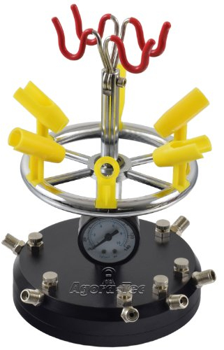 Agora-Tec® Airbrush Holder AT-AH-03 zur Halterung von 8 Airbrushpistolen mit ventilgesteuerten zentralen Luftverteiler + Manometer + massiver Standfuß mit 3 Saugnäpfen 360 ° drehbar