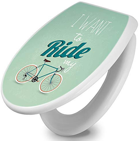 banjado Toilettendeckel mit Absenkautomatik 44,5x37cm / WC Sitz mit Absenkautomatik/Toilettensitz Duroplast mit Edelstahl Scharnieren/Klodeckel mit Absenkautomatik Motiv I want to ride my bike