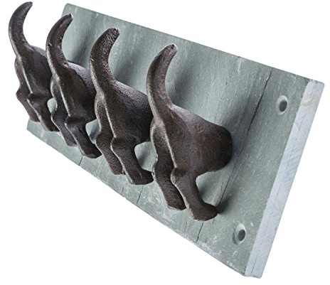 HOMESCAPES Dog Tail Wall Mounted Coat Rack with 4 Coat Hooks - Cast Iron Hangers on Natural Slate Panel