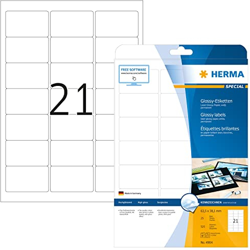 HERMA 4904 Hochglanz Etiketten, 25 Blatt, 63,5 x 38,1 mm, 21 pro A4 Bogen, 525 Stück, selbstklebend, bedruckbar, glänzend, blanko Glossy Papier Klebeetiketten Aufkleber, weiß
