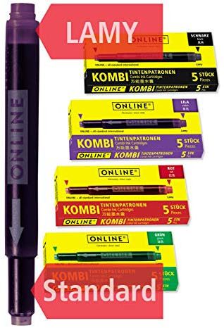 Online 17028 20x kompatible LAMY Patronen bunt, Universal-Tintenpatronen, für alle gängigen Füller, Ersatz-Patronen, Vorteilspack rot, grün, schwarz, lila