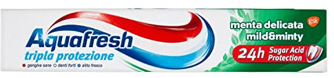 Aquafresh Dentifricio Tripla Protezione, Formula clinicamente testata 3 in 1 per tutta la famiglia, Protegge le Gengive, Rinforza lo Smalto e Rinfresca l'Alito, Gusto Menta Delicata, 75ml