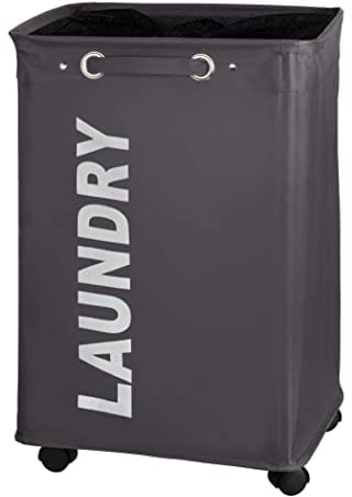 WENKO Wäschesammler Quadro Grau, Stabiler schmaler Wäschekorb mit Vier leichtgängigen Rollen und Deckel, Wäschetruhe aus 100% Polyester, Fassungsvermögen 79 Liter, (B x H x T): 40 x 60 x 33 cm