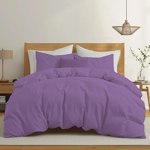 Rohi Easy Care plain Double Duvet Cover set – Soft & Breathable Lilac Bedding Set – Button Closure – Anti Allergy Quilt Set with Pillowcases (Double, Lilac)