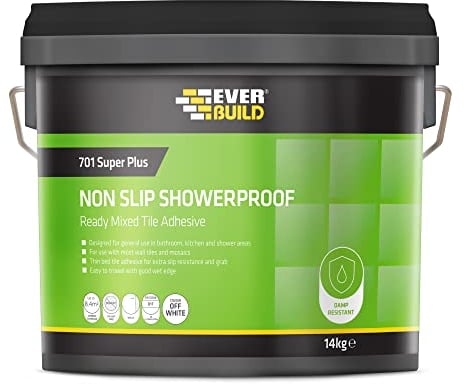 Everbuild 701 Non Slip Tile Adhesive – Ready Mixed – Acrylic Based – Easy To Apply – High Strength – White – 14kg