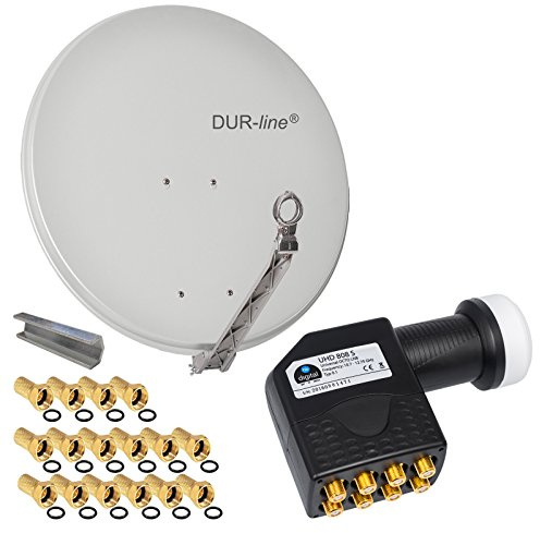 HB Digital 8 Teilnehmer SET - Dur-Line Select ALU SAT Anlage 75/80cm Spiegel Schüssel Hellgrau + Octo LNB Schwarz zum Empfang von DVB-S/S2 Full HD 3D Ultra HD (UHD) Signale auf bis zu 8 Receiver + 16 Stecker Gratis dazu im SET