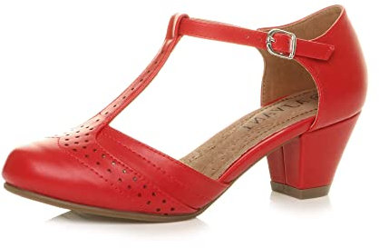 Womens Ladies mid Block Heel t-bar Cut Out Buckle Brogue Shoes Sandals Size 3 36, Red Matte, 3 UK