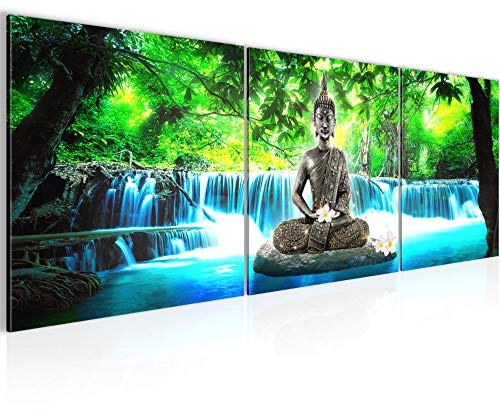 Runa Art - Bilder Buddha Wasserfall 120 x 40 cm 3 Teilig Wandbild auf Vlies Leinwand Blau Grün Mehrteilig Modern 503533b