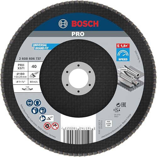 Bosch PRO X571 Fächerschleifscheibe, gerade, 180 mm, K40 | für Stahl, Edelstahl, Körnung 40, Professional Zubehör Großer Winkelschleifer