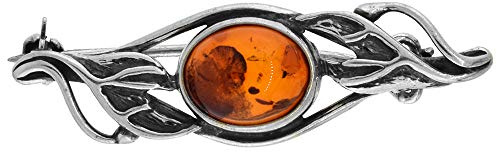 Sterling Silver Baltic Amber Oval Brooch Pin for Women Antiqued Finish Approx. 1 1/2 inch Wide
