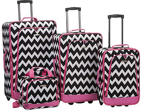 Rockland Escape 4-Piece Softside Upright Luggage Set,Telescoping Handles, Pink Chevron, (14/19/24/28)