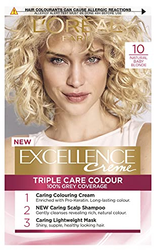 L'Oréal Paris Excellence Crème Permanent Hair Dye, Radiant At-Home Hair Colour with up to 100% Grey Coverage, Pro-Keratin, Up to 8 Weeks of Colour, Pack of 3, Colour: 10 Natural Baby Blonde