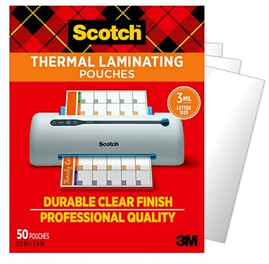 Scotch Thermal Laminating Pouches, 50 Count, Clear, 3 mil., Laminate Business Cards, Banners and Essays, Ideal Office or School Supplies, Fits Letter Sized (8.9 in. × 11.4 in.) Paper