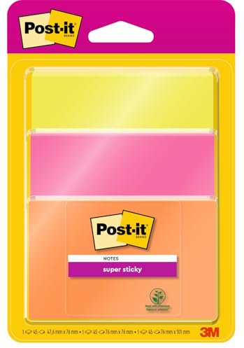 Post-it Super Sticky Notes, Assorted Colours, Assorted Sizes, 3 Pads, 76 mm x 76 mm, 45 Sheets per Pad - Extra Sticky Notes for Walls, Monitors and Fridge