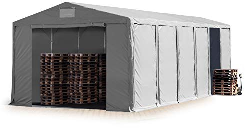 TOOLPORT Lagerzelt Industriezelt 8x12 m Zelthalle mit 3,6m Seitenhöhe PVC Plane 850 N grau wasserdicht Ganzjahreszelt mit Reißverschlusstor