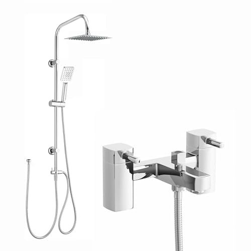 ENKI, Stella, BBT0012, Chrome, Bath Shower Mixer Taps with Twin Rigid Riser Shower Attachment, Solid Brass, Easy Clean, Angular Design, Quarter Turn Valves, Easy to Install, 10-Year Guarantee