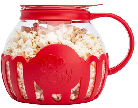 Ecolution Patented Micro-Pop Microwave Popcorn Popper with Temperature Safe Glass, 3-in-1 Lid Measures Kernels and Melts Butter, Made Without BPA, Dishwasher Safe, 3-Quart, Red