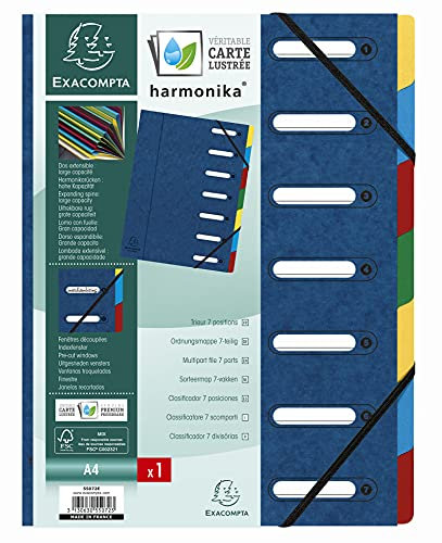 Exacompta 55072E Premium Ordnungsmappe Harmonika. Aus extra starkem Colorspan-Karton DIN A4 7 Fächer und 2 Gummizüge mit Indexfenster und dehnbarem Rücken Register-Mappe blau