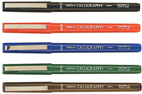 Marvy Calligraphy Fine Point Markers, 2 mm Tip, Assorted Colors, Set of 5