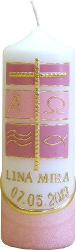 netsells handverzierte Taufkerze Motiv #021 * 6 x 18 cm * rosa * mit individuellem Name u. Taufdatum