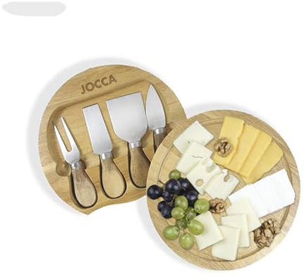 Jocca – Set de Plateau à Fromages en Bois avec 4 Couteaux en Acier Inoxydable | Idéal pour Amateurs de Fromage | Planche de 20 cm avec Base Antidérapante | Cadeau Parfait