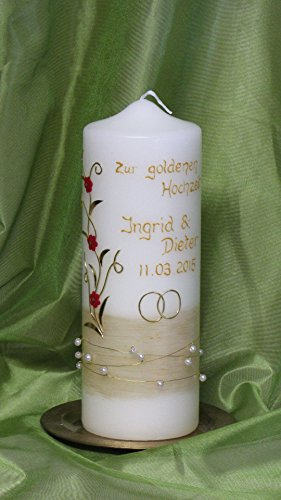 edle Hochzeitskerze/Goldene Hochzeit mit Perlen 20 x 7 cm ; inkl. Beschriftung ! H-14