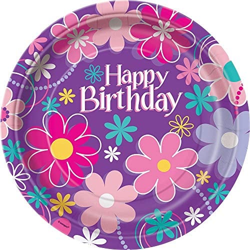 Unique Floral Round Dinner Plates | 9 | 8 Pcs. Piatti piani rotondi con motivo floreale Happy Birthday | 22,9 cm | 8 pezzi, Tinta unita, Multicolore, 22,8 cm, 40275