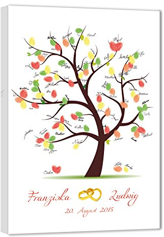 galleryy.net Fingerabdruck Leinwand 45x30 mit NAMEN & DATUM - INKL Zubehör-Set (Stempelkissen+Stift+Anleitung+Hochzeitsbuch+...) - Hochzeitsbaum mit Ringen - Fingerabdruck Baum Leinwand