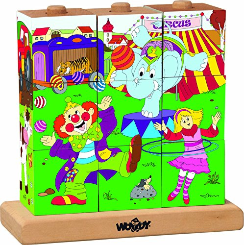 Hape International Woody Steckpuzzle aus Holz. 9 teilig. Safe Toys geprüft. Mit 3 Steckplätzen und 9 rundum bedruckten Puzzlewürfeln. Thema Zirkus