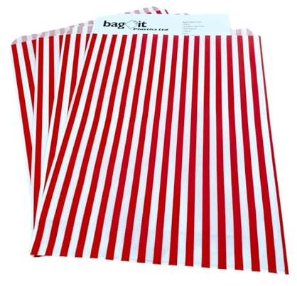 Bag It Plastics | Candy Stripe Paper Sweet Bags | Red | 250mm x 350mm / 10 x 14 | Pack of 50 | Sweet, Popcorn, Wedding Favours, Pick and Mix, Cookie Bags | Premium UK Made