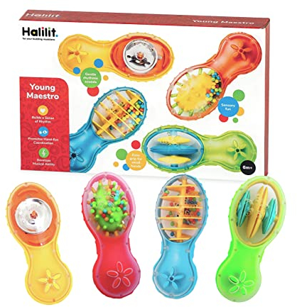 Halilit Young Maestro Baby Musical Instrument Set – 4 Real Sensory Shaker Toys | BPA-Free Infant Rattles for 6 Months+ | Easy Grip Music Toys for Early Learning & Sensory Development