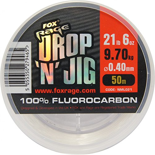 Fox Rage Fluocarbon Schnur Drop 'n' Jig 50m, Angelschnur für Vorfächer, Vorfachschnur zum Spinnfischen, Durchmesser/Tragkraft:0.40mm / 9.70kg Tragkraft