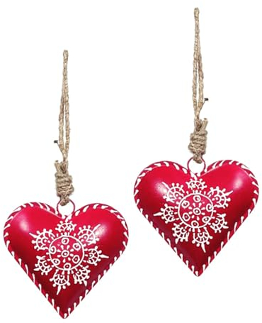 2x Deko Anhänger Herz im Set 10 cm, Metall handbemalt rot weiß, Herzchen Zum Hängen, Metallherz Fensterschmuck Türschmuck Herzanhänger
