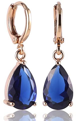 GULICX Gold Electroplated Blue Teardrop Crystal Cubic Zirconia Leverback Pierced Drop Earrings