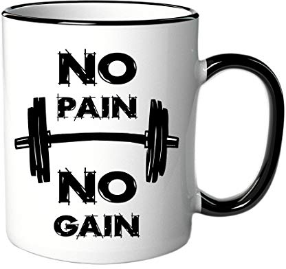 Tasse mit Spruch No Pain No Gain aus Keramik 330 ml - Fitness Geschenke Männer/Frauen - lustig
