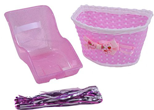 Ammaco Girls Pink Bike Accessories Pack Dolly Seat, Bow Basket, Tassels & Free Grips Girly Pack