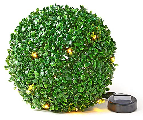 Solalite 28cm Green Topiary Balls with 20 Solar LED Lights, Hanging Topiary Ball Lights Sphere Decorative for Wedding Artificial Plant, Backyard Balcony Garden Décor