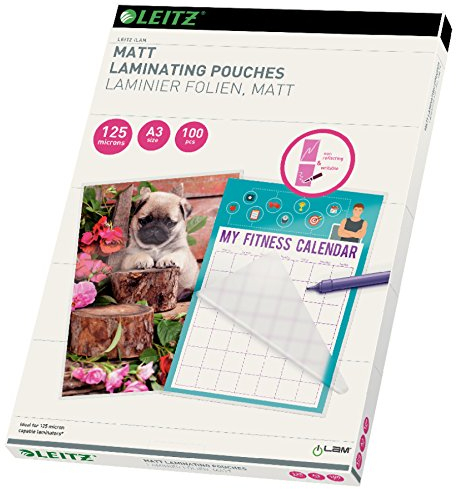 Leitz Heißlaminierfolien A3 Matt 125 mic, Hochwertige Laminierfolien im 100er Pack, zum Beschriften geeignet, für den Einsatz zu Hause oder im Büro, abgerundete Ecken, Transparent, 16924