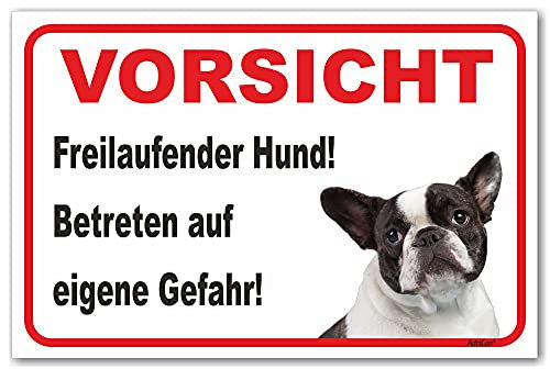 AdriLeo Schild - Vorsicht schwarz-weiße Französische Bulldogge - Freilaufender Hund - (20x30cm) / Achtung Wachhund robust langlebig UV-beständig wetterfestes Warnschild