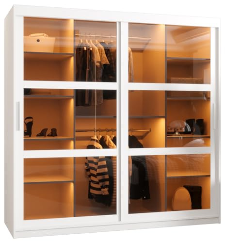 ABIKSMEBLE Dome Armario con Dos Puertas Correderas, Barras y Estantes - Armario de Almacenamiento con Vidrio Ahumado para Dormitorio, Salón - 200x180x62 cm - Blanco, Blanco, Plata