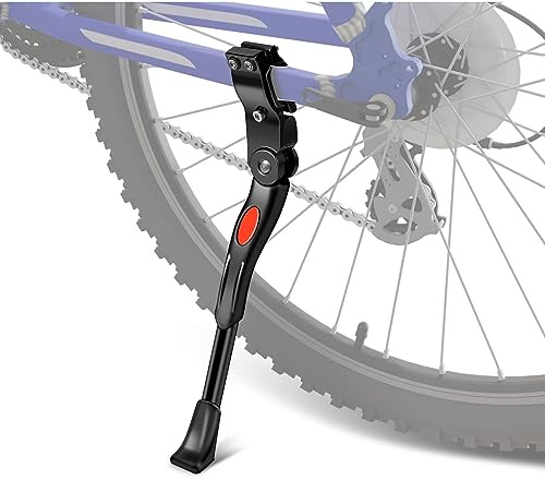 Flexzion Bike Kickstand Bicycle Road Mountain Cycling Rear Mount Side Stand Aluminum Adjustable Alloy Replacement Kickstand for Mountain Bike Fits for 22-26 inch Tires in Black | 13-15 Inch Aluminum Alloy Stand with a Non-Slip Rubber Foot and Safety Reflector for Stable, Convenient Bicycle Parking
