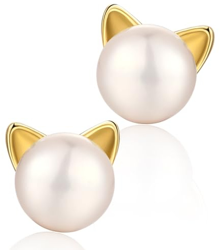 Ohrstecker Silber 925 Katzen Hasen Ohrringe mit süßwasserperlen für Damen | 8mm Weiß Perlen Schmuck Geschenke für Tierfreunde