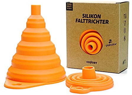 Collory Silikon-Trichter Satz faltbar (2 Stück) für Küche und Haushalt | Einfüllhilfe Set | Hitzebeständig -30°C - +230°C | Lebensmittelecht | Zusammenklappbar | 2er-Set: Orange (groß+klein)