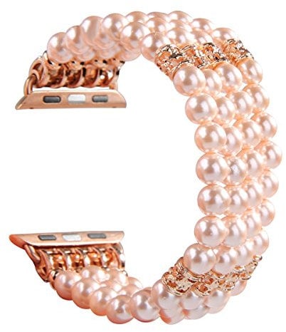 GEMEK Compatible With Apple Watch Strap 38/40/41mm Women iWatch Straps Series 9/8/7/6/5/4/3/2/1, Handmade Beaded Elastic Stretch Pearl Bracelet Replacement Band for Girls Wristband (Pink)