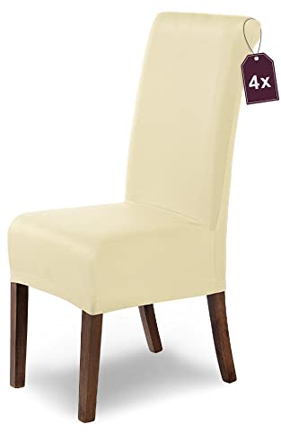 Scheffler Home Stuhlhussen Marie Creme 4er Set Wasserabweisende und elastische Stuhlbezüge mit Fleckenschutz – Passend für Esszimmerstühle und Schwingstühle – Öko-Tex Zertifiziert