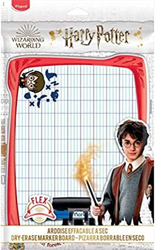 Maped - Set aus weißem Schiefer, doppelseitig, 1 Zubehörhalter, 1 Bürste + 1 trocken abwischbarer Filzstift, schwarz, bruchsicher, Flex-Schaft, offizielles Harry Potter-Motiv
