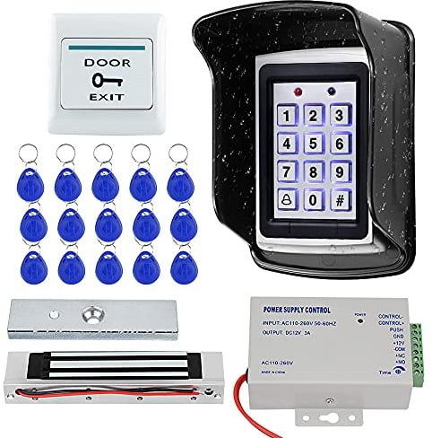 KUMU Système de Contrôle d'Accès de Porte RFID Étanche Extérieur Clavier en Métal + Serrure Magnétique 180KG + Couvercle Étanche à la Pluie + Bouton de Sortie + 15pcs Porte-clés pour la Maison/Bureau
