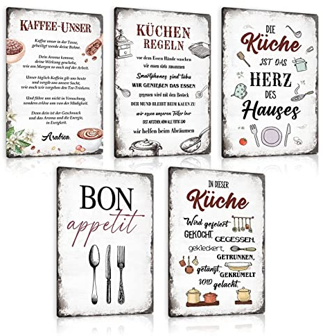 5er Set Retro Blechschild Küche mit Spruch - KAFFEE UNSER - KÜCHEN REGELN - BON APPETIT - Vintage Metallschild Wand-schild Küchen-deko als Geschenk und Dekoration 20x30cm